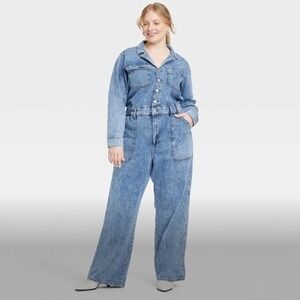 Universal Thread Denim Jumpsuit Washed Blue Utility Wide Leg Plus Size 30
